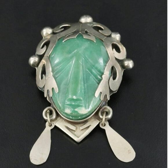 Vintage Mexican Carved Fluorite Warrior Brooch / Pendant - Picture 2 of 5